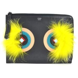 Fendi Monster Clutch Bag Leather Fur Black Multicolor